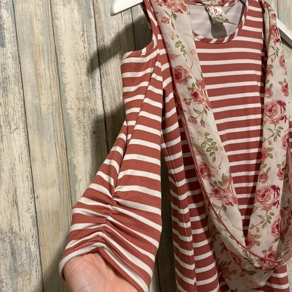 Jenna & Jessie | Girls Off the shoulder scarf attached floral striped dress